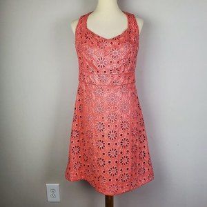 Maeve Womens Coral Silver Satin Floral Eyelets Embroidered Sleeveless Dress 10